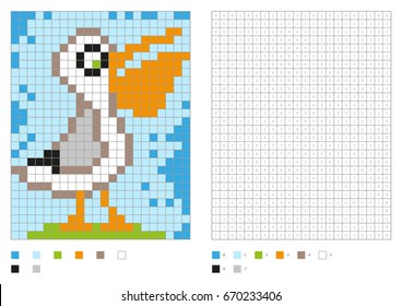 Kids coloring page, pixel coloring with fun bird. Vector illustration