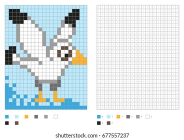 Kids coloring page, pixel coloring with fun bird. Vector illustration