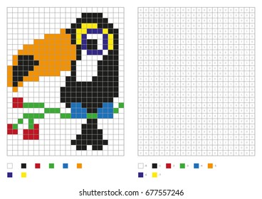 Kids coloring page, pixel coloring with fun bird. Vector illustration