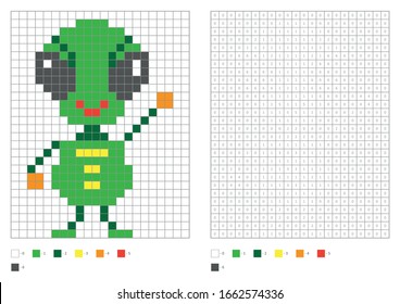 Kids coloring page, pixel coloring green fun alien. Vector illustration