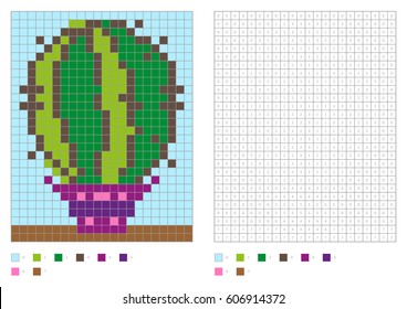 Kids coloring page, pixel coloring. Home plant in vase. Vector illustration