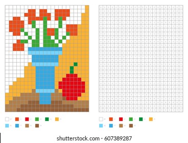 Kids coloring page, pixel coloring. Home plant in vase. Vector illustration