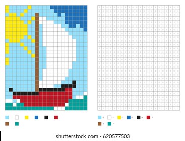 Kids coloring page, pixel coloring with numbered squares. Boat. Vector illustration