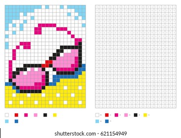 Kids coloring page, pixel coloring with numbered squares. Pink glasses. Vector illustration