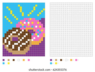 Kids coloring page, pixel coloring with numbered squares. Two donuts. Vector illustration
