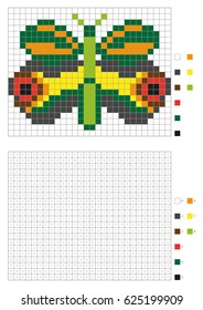 Kids coloring page, pixel coloring with numbered squares. Green butterfly. Vector illustration
