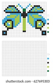 Kids coloring page, pixel coloring with numbered squares. Blue butterfly. Vector illustration