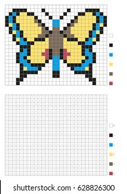 Kids coloring page, pixel coloring with numbered squares. Yellow and blue butterfly. Vector illustration