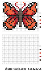 Kids coloring page, pixel coloring with numbered squares. Red butterfly. Vector illustration