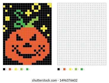 Kids coloring page, pixel coloring orange pumpkin. Vector illustration