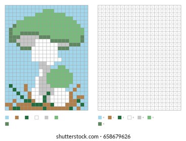 Kids coloring page, pixel coloring with poisonous mushroom. Vector illustration