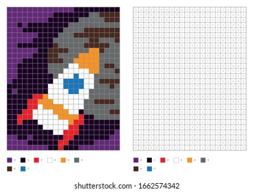 Kids coloring page, pixel coloring rocket ship. Vector illustration