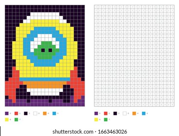 Kids coloring page, pixel coloring rocket ship with green alien. Vector illustration