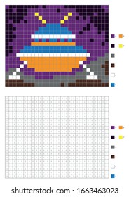 Kids coloring page, pixel coloring spaceship ufo. Vector illustration
