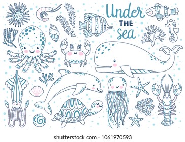 Kids coloring page. Vector set of underwater animals: octopus, whale, turtle, dolpin, jellyfish, crab, lobster, seahorse, squid, clownfish, butterflyfish, seaplants and corals. Coloring book page.