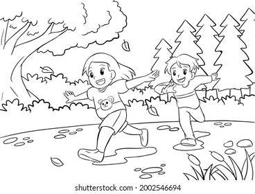Kids Coloring Pages with Bro and Sister Playing Outside Together Black And White Vector Illustration for Coloring Book