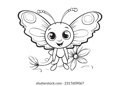 Páginas de coloreo para niños, páginas de coloreo de mariposa, divertida ilustración de vectores de caracteres de mariposa 