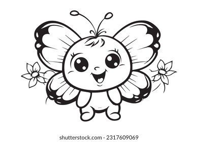 Kids Coloring Pages, Butterfly Coloring Pages, Funny  Butterfly Character Vector Illustration 