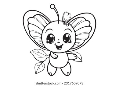 Kids Coloring Pages, Butterfly Coloring Pages, Funny  Butterfly Character Vector Illustration 