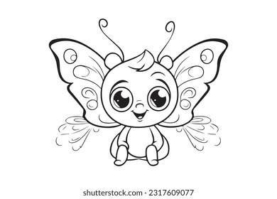 Páginas de coloreo para niños, páginas de coloreo de mariposa, divertida ilustración de vectores de caracteres de mariposa 