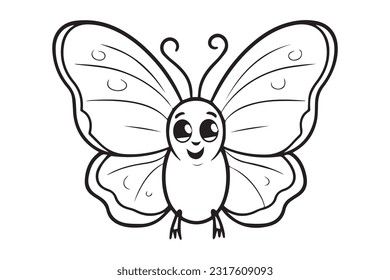 Páginas de coloreo para niños, páginas de coloreo de mariposa, divertida ilustración de vectores de caracteres de mariposa 