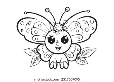 Páginas de coloreo para niños, páginas de coloreo de mariposa, divertida ilustración de vectores de caracteres de mariposa 