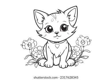 Kids Coloring Pages, Cute Cat Coloring Pages, Cat Character Vector Illustration 