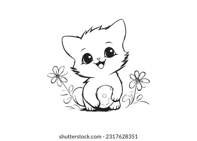 Kids Coloring Pages, Cute Cat Coloring Pages, Cat Character Vector Illustration 