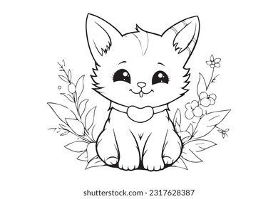 Kids Coloring Pages, Cute Cat Coloring Pages, Cat Character Vector Illustration 