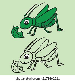 Kids Coloring Pages, Cute Grasshopper Eating Leaf Character Vector Illustration EPS And Image