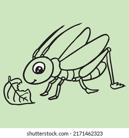 Kids Coloring Pages, Cute Grasshopper Eating Leaf Character Vector Illustration EPS And Image