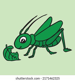 Kids Coloring Pages, Cute Grasshopper Eating Leaf Character Vector Illustration EPS And Image