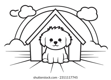 Kids Coloring Pages Vector Art, Cute Home on Rainbow Black and white vector illustration for coloring book