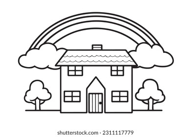 Niños Colores Páginas Vector Art, Cute Home on Rainbow Black y white vector ilustración para libro de colorido