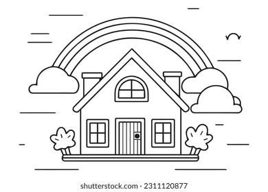 Kids Coloring Pages Vector Art, Cute Home on Rainbow Black and white vector illustration for coloring book