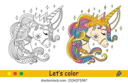 Kids coloring portrait of unicorn queen with crown and jewels. Vector cartoon monochrome illustration with color sample. Coloring book page for children. For education, print, game, design,