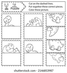 Kids Coloring And Puzzle Game With Cute Dinosaurs. Cut And Play Card With Drawing Of Cute Sea Animals. Vector Printable Children Worksheet And Activity Page.