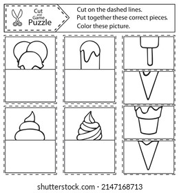 Kids coloring and puzzle game with ice cream, desserts, sweets. Cut and play card with drawing treats. Vector printable children worksheet and activity page.