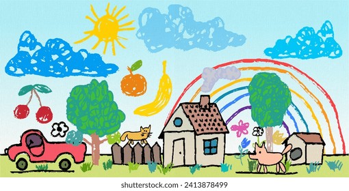 Kids Coloring Set with Crayons. Crayon children drawn house, bird, cat, tree, sun, car, ship isolated on white. Childs drawn colorful pastel chalk vector design elements. Kids painting objects set.