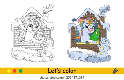 Kids coloring unicorn with Christmas tree in a cozy house. Vector cartoon monochrome illustration with color sample. Coloring book page for children. For education, print, game, design,