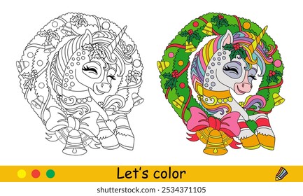 Kids coloring unicorn in a Christmas wreath with bells and holly. Vector cartoon monochrome illustration with color sample. Coloring book page for children. For education, print, game, design,