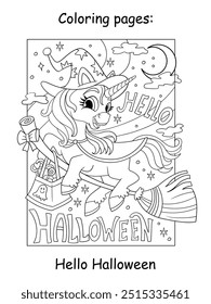 Kids coloring unicorn witch flying on a broom. Vector cartoon isolated illustration. Halloween concept. Coloring book page for children. For coloring book, education, print, game, decor, puzzle,design