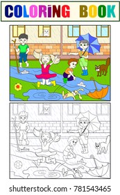 Kids coloring vector children playing in rainy weather illustration. Black, white and color line. Times of year, type of weather