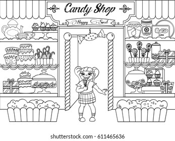 Kids coloring vector girl in candy shop. Zentangle style. Black and white line