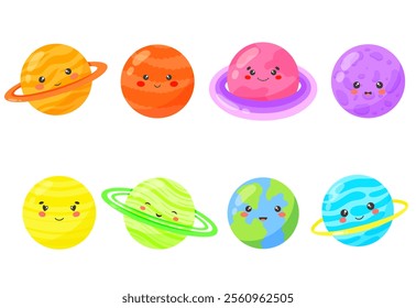 Kids colourful cartoon planet set of vector illustrations. Kawaii character. Galaxy, space, universe