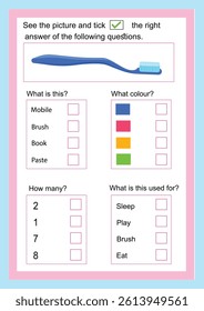 kids colourful question answer worksheet. object identification, colour, counting and function concept.  improve logical thinking of the kids.