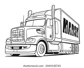 Kids colouring page long trailer truck with container black vector illustration outlines