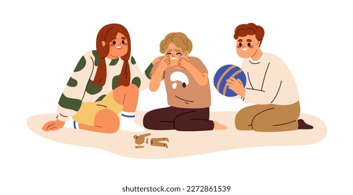 Kids comforting, supporting upset crying child friend with broken toy. Supportive children helping frustrated disappointed boy in tears. Flat graphic vector illustration isolated on white background