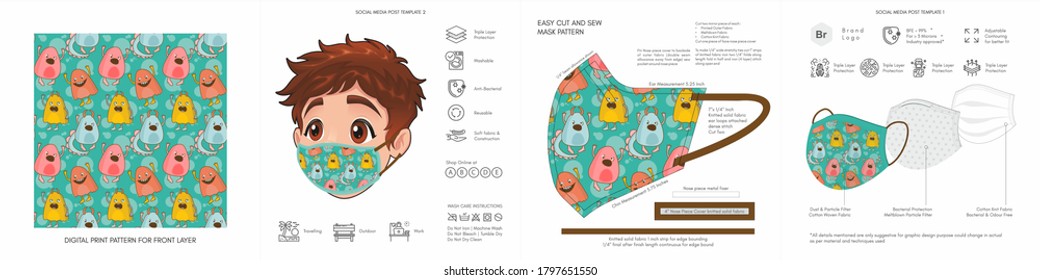 Kids, Comic, Cartoon, Back to School, Cute Background Patterns & Prints, Seamless Design for Face Mask, Fashion, Clothing, Fabric, Mockup Template Protective Face Mask Seamless Vector, Abstract 