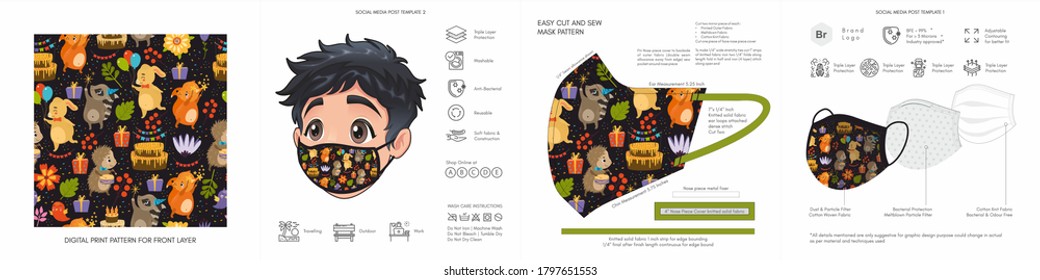 Kids, Comic, Cartoon, Back to School, Cute Background Patterns & Prints, Seamless Design for Face Mask, Fashion, Clothing, Fabric, Mockup Template Protective Face Mask Seamless Vector, Abstract 